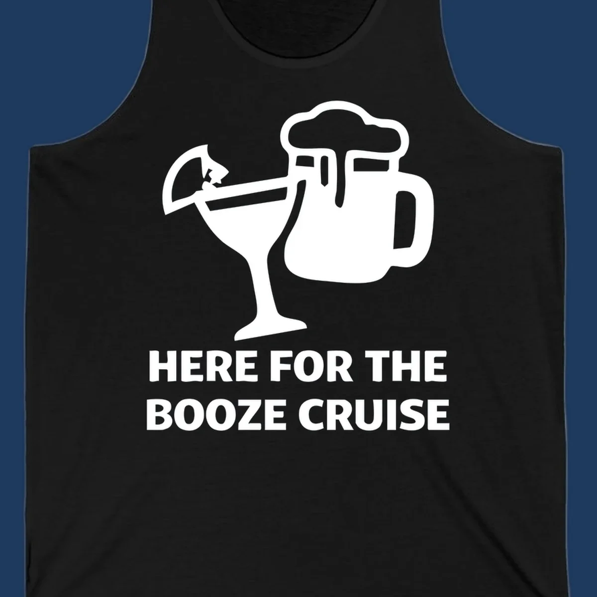 Booze cruise party design: minimalist figure holding cocktail and beer mug with text 'Here For The Booze Cruise'