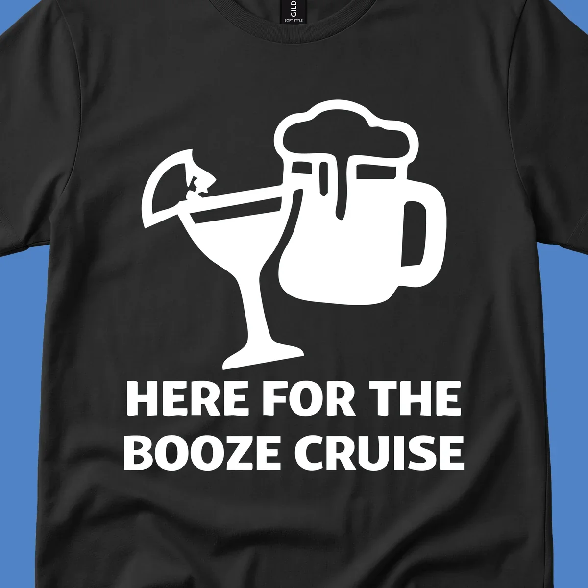 Booze cruise party design: minimalist figure holding cocktail and beer mug with text 'Here For The Booze Cruise'