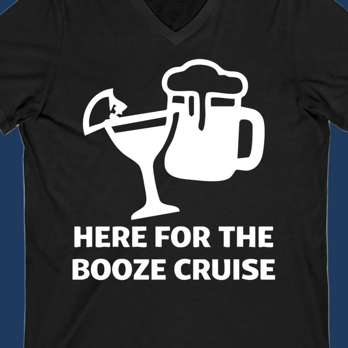 Booze cruise party design: minimalist figure holding cocktail and beer mug with text 'Here For The Booze Cruise'