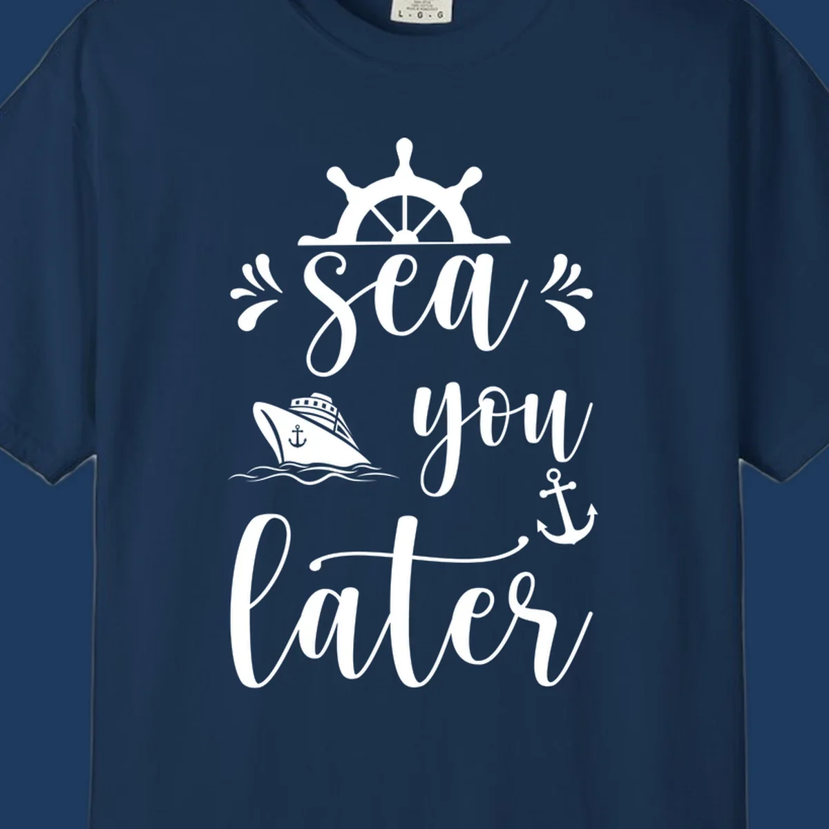 Sea you on the water nautical design with ship's wheel, cruise ship, anchor, and decorative flourishes on gray background