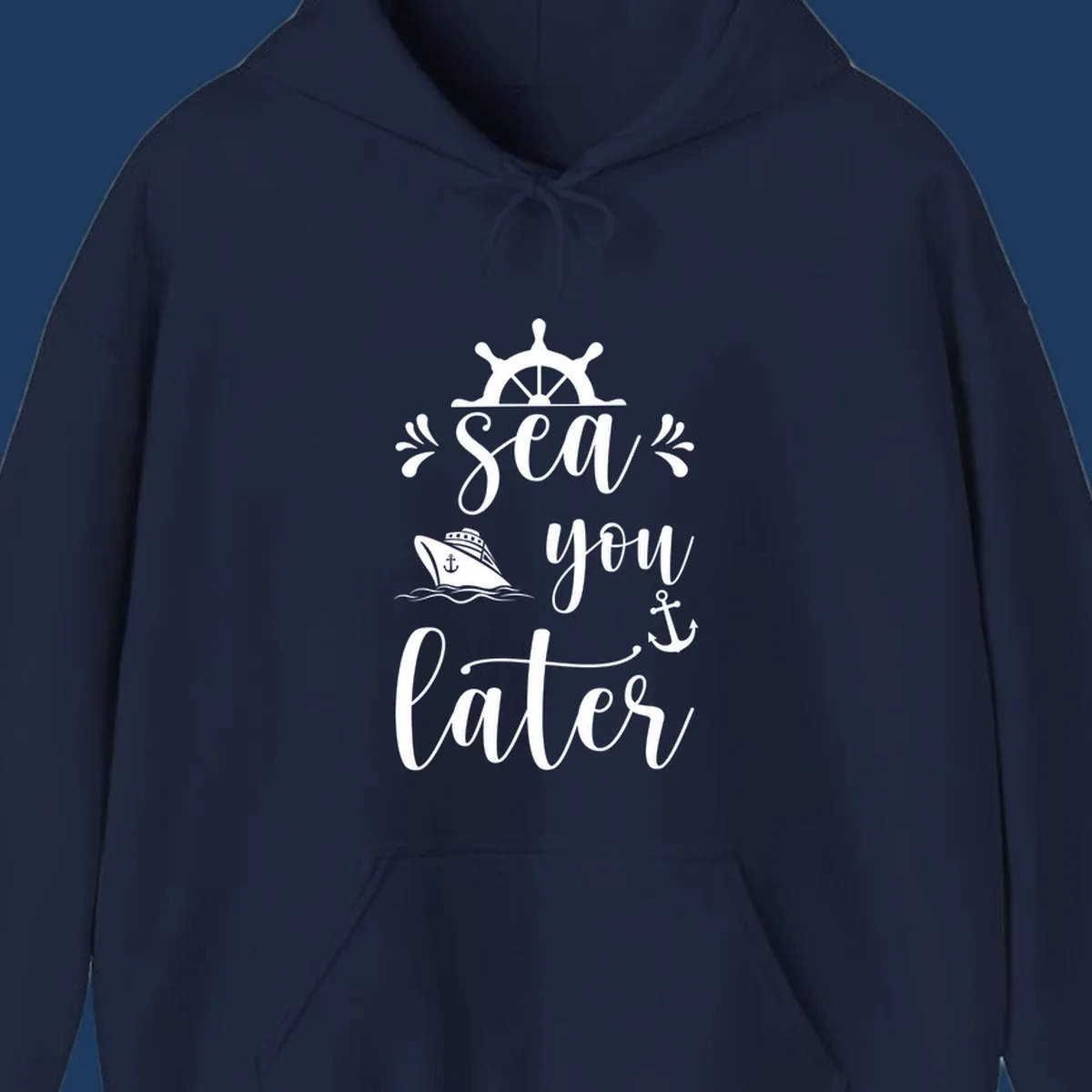 Sea you on the water nautical design with ship's wheel, cruise ship, anchor, and decorative flourishes on gray background