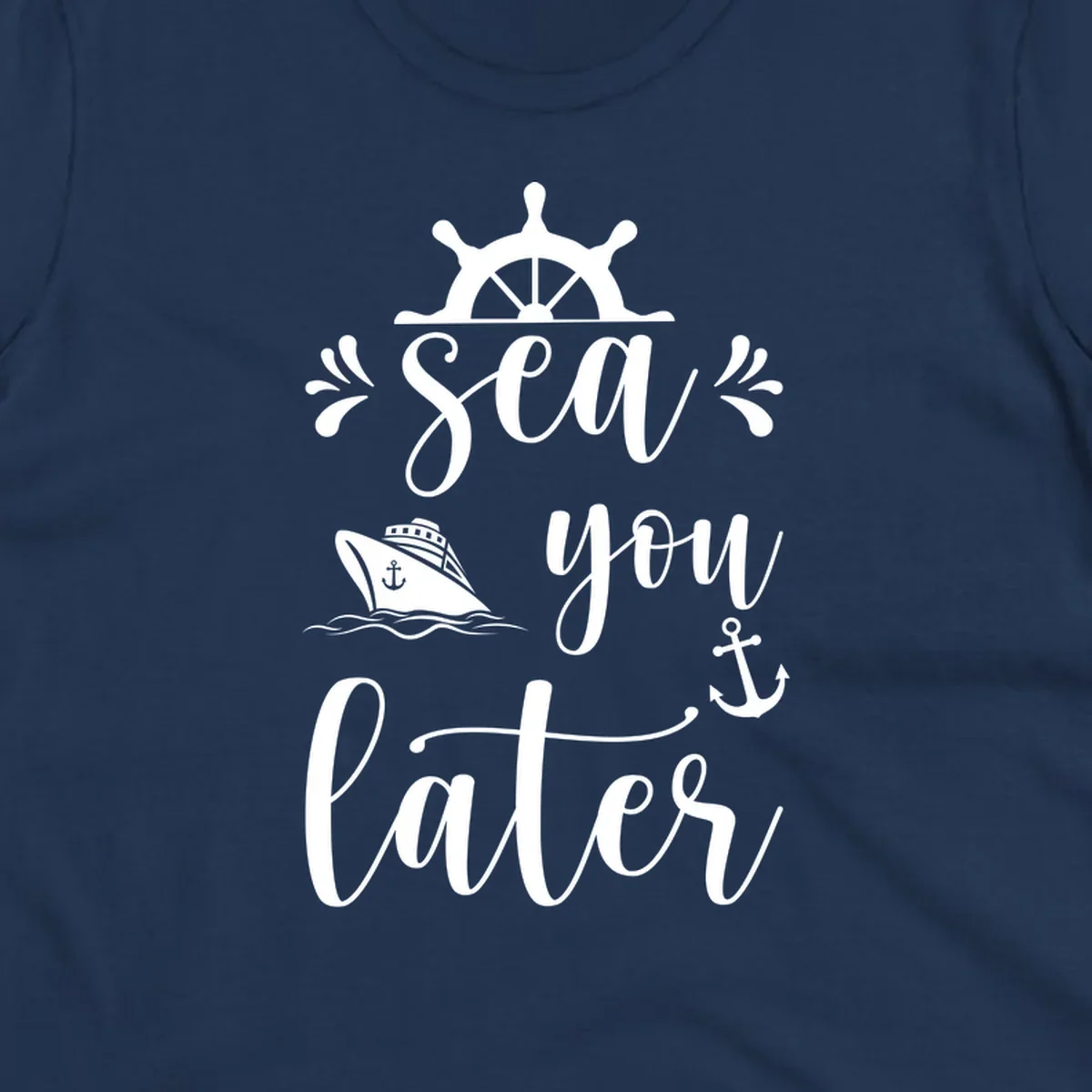 Sea you on the water nautical design with ship's wheel, cruise ship, anchor, and decorative flourishes on gray background