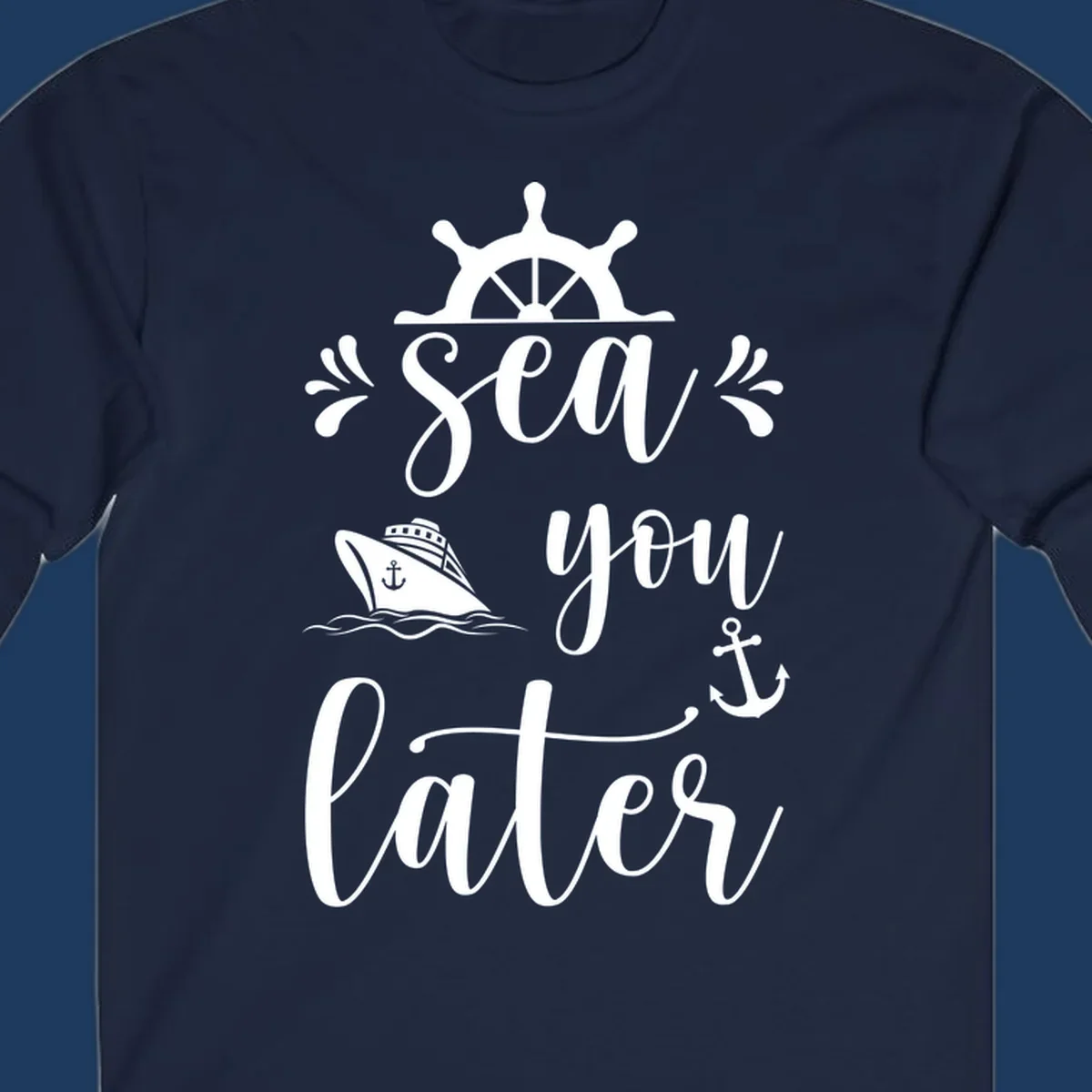 Sea you on the water nautical design with ship's wheel, cruise ship, anchor, and decorative flourishes on gray background