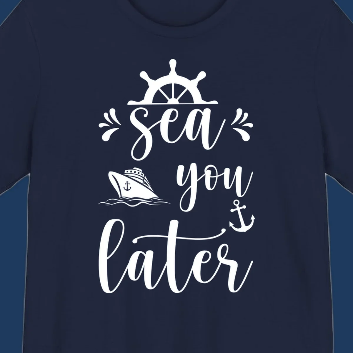 Sea you on the water nautical design with ship's wheel, cruise ship, anchor, and decorative flourishes on gray background