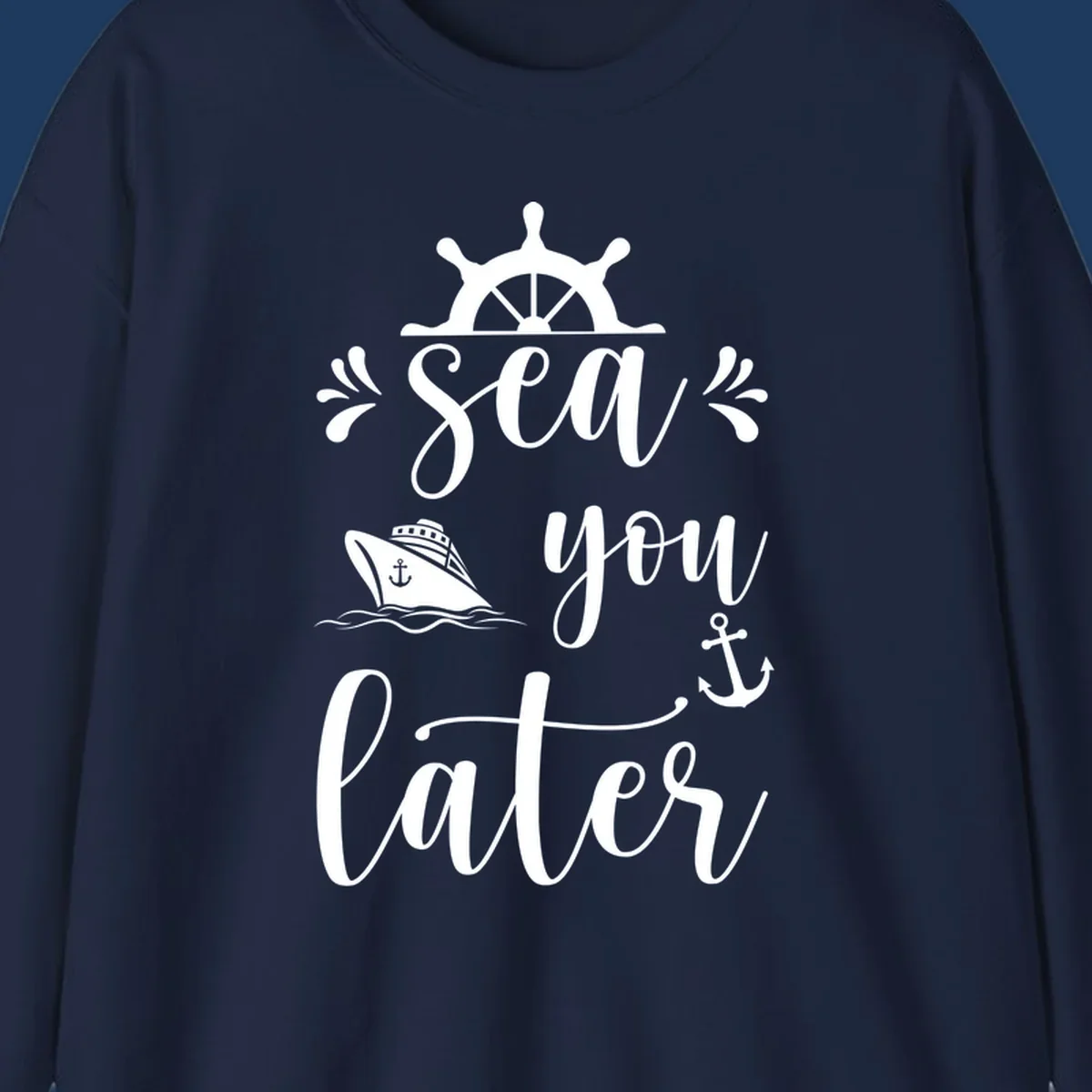 Sea you on the water nautical design with ship's wheel, cruise ship, anchor, and decorative flourishes on gray background