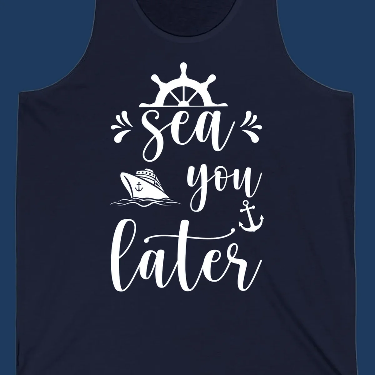 Sea you on the water nautical design with ship's wheel, cruise ship, anchor, and decorative flourishes on gray background