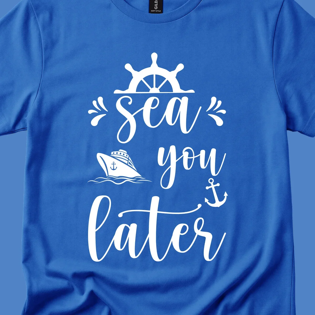 Sea you on the water nautical design with ship's wheel, cruise ship, anchor, and decorative flourishes on gray background