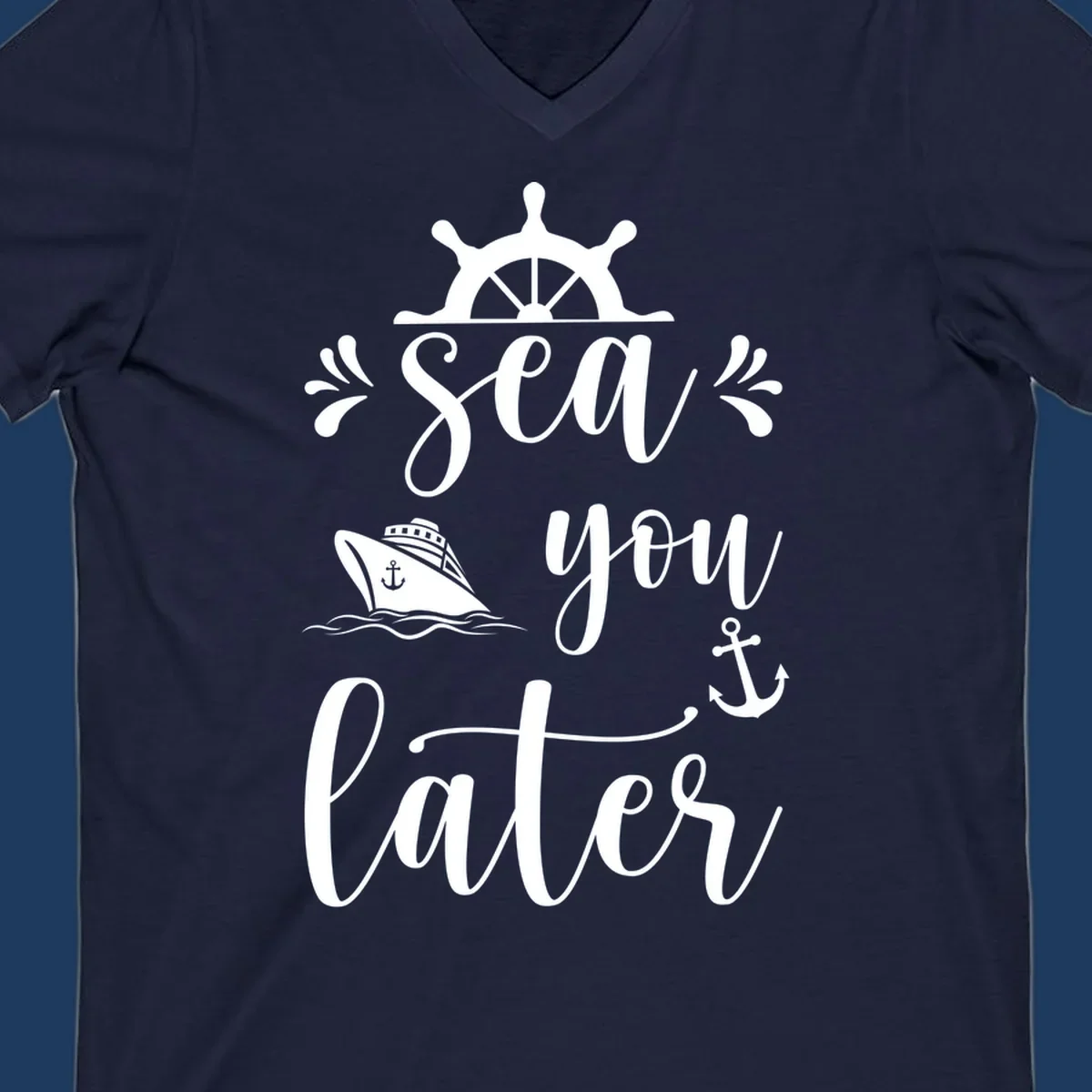 Sea you on the water nautical design with ship's wheel, cruise ship, anchor, and decorative flourishes on gray background