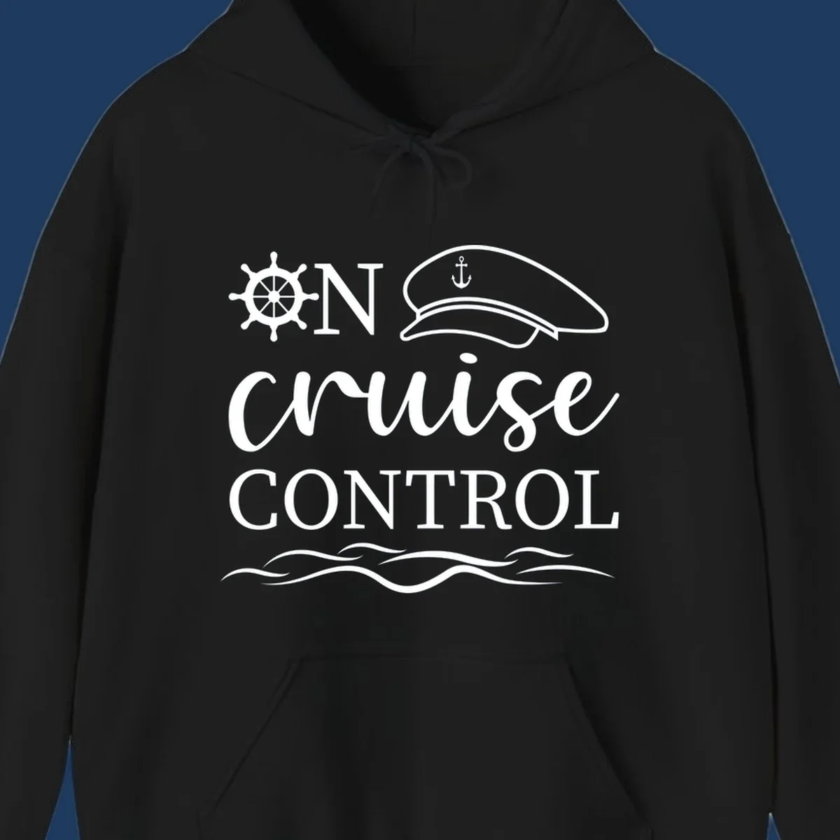 Nautical illustration with ship's wheel, captain's hat, anchor, and 'In Cruise Control' text with wave lines