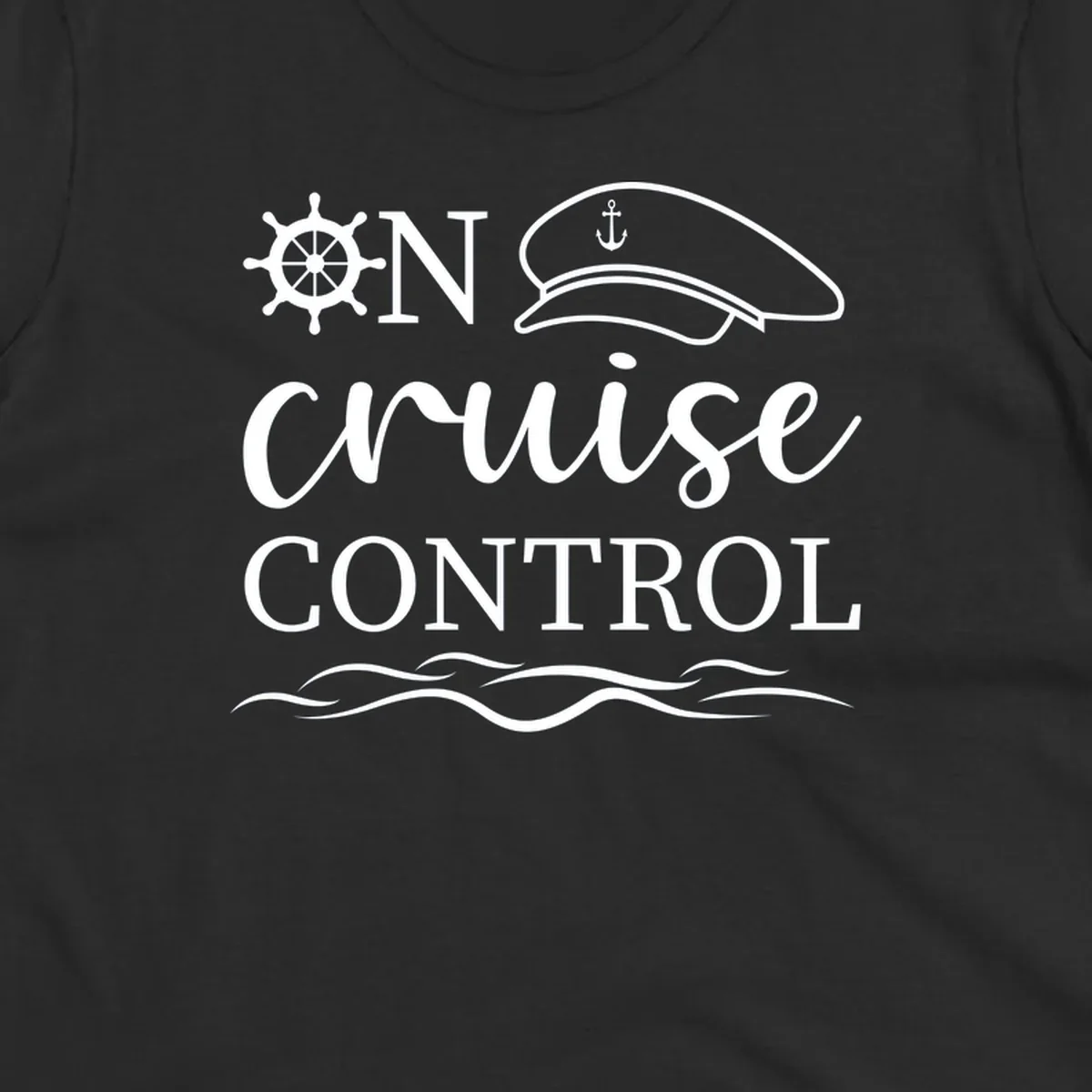 Nautical illustration with ship's wheel, captain's hat, anchor, and 'In Cruise Control' text with wave lines