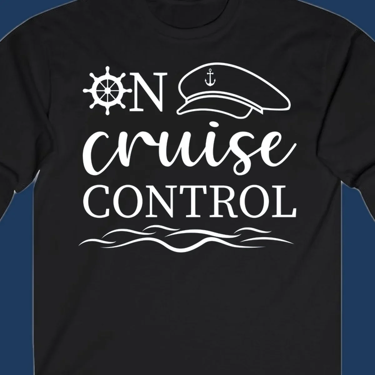 Nautical illustration with ship's wheel, captain's hat, anchor, and 'In Cruise Control' text with wave lines
