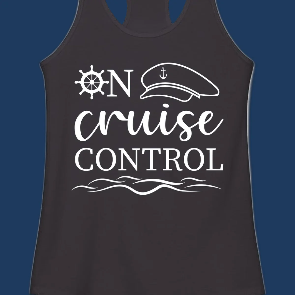 Nautical illustration with ship's wheel, captain's hat, anchor, and 'In Cruise Control' text with wave lines