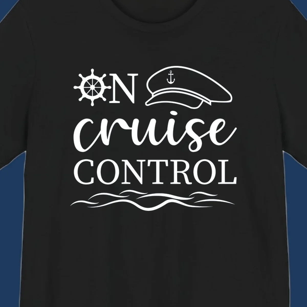 Nautical illustration with ship's wheel, captain's hat, anchor, and 'In Cruise Control' text with wave lines