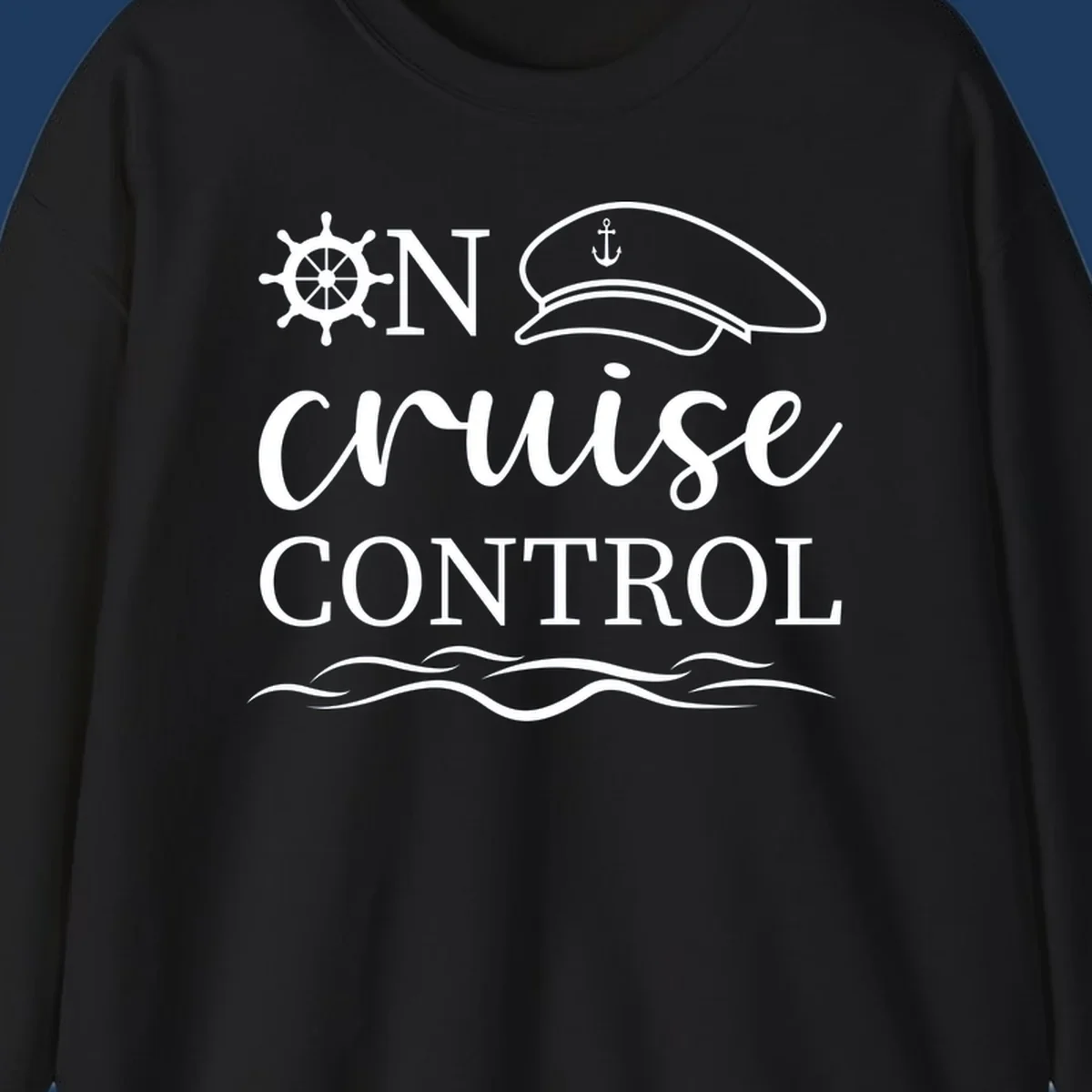 Nautical illustration with ship's wheel, captain's hat, anchor, and 'In Cruise Control' text with wave lines