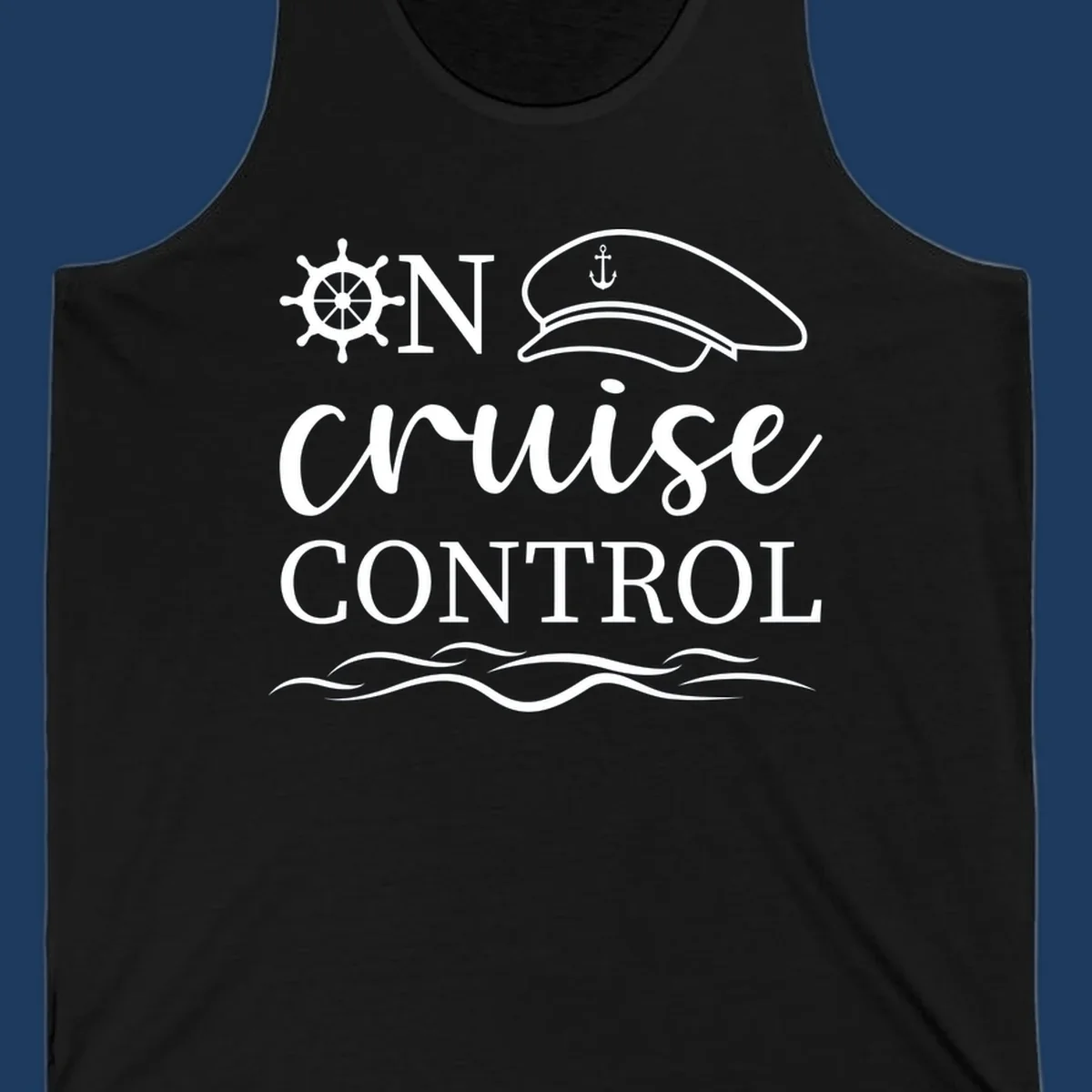 Nautical illustration with ship's wheel, captain's hat, anchor, and 'In Cruise Control' text with wave lines
