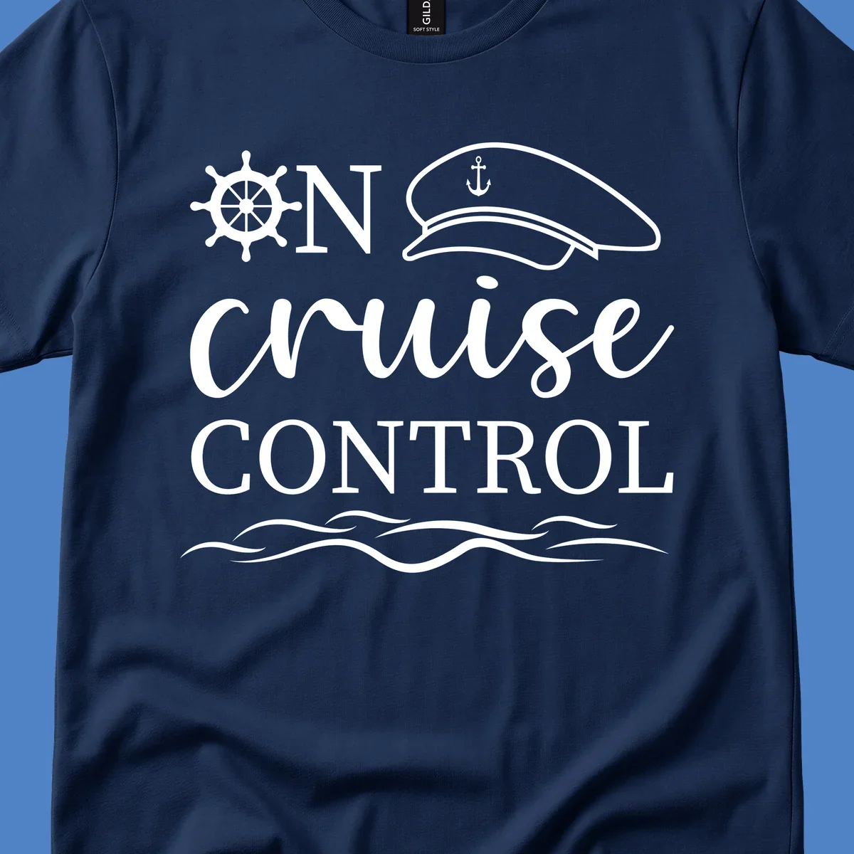 Nautical illustration with ship's wheel, captain's hat, anchor, and 'In Cruise Control' text with wave lines