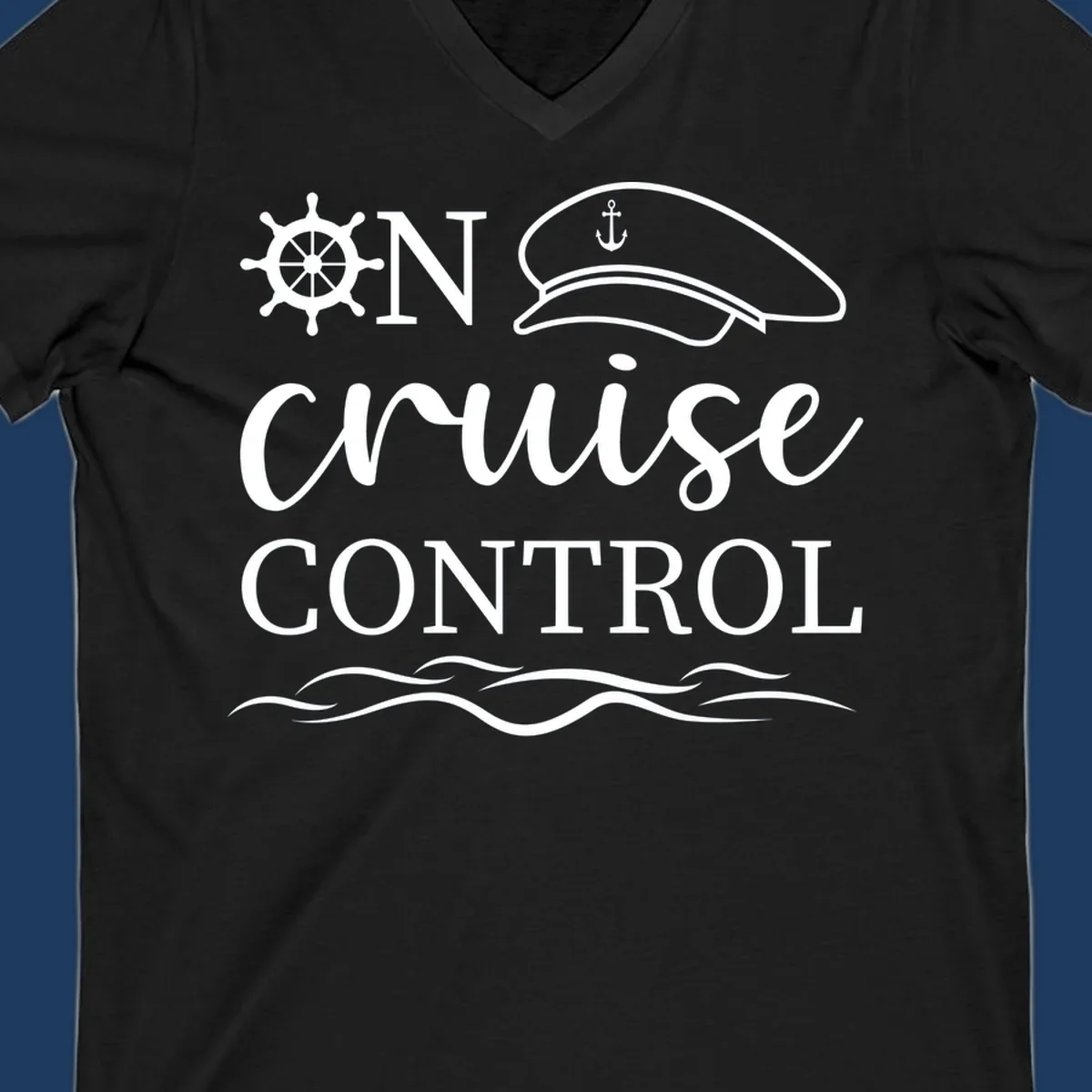Nautical illustration with ship's wheel, captain's hat, anchor, and 'In Cruise Control' text with wave lines