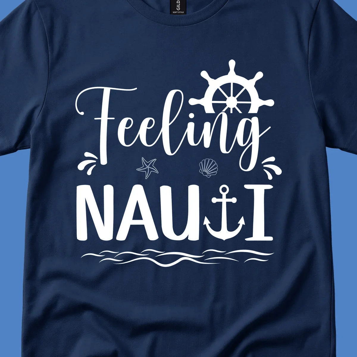 White nautical design on gray background featuring "Feeling NAUTICAL" text with ship wheel, anchor, starfish, seashell, and waves