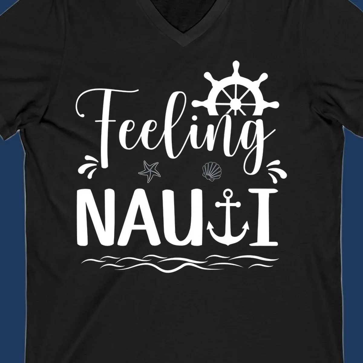 White nautical design on gray background featuring "Feeling NAUTICAL" text with ship wheel, anchor, starfish, seashell, and waves