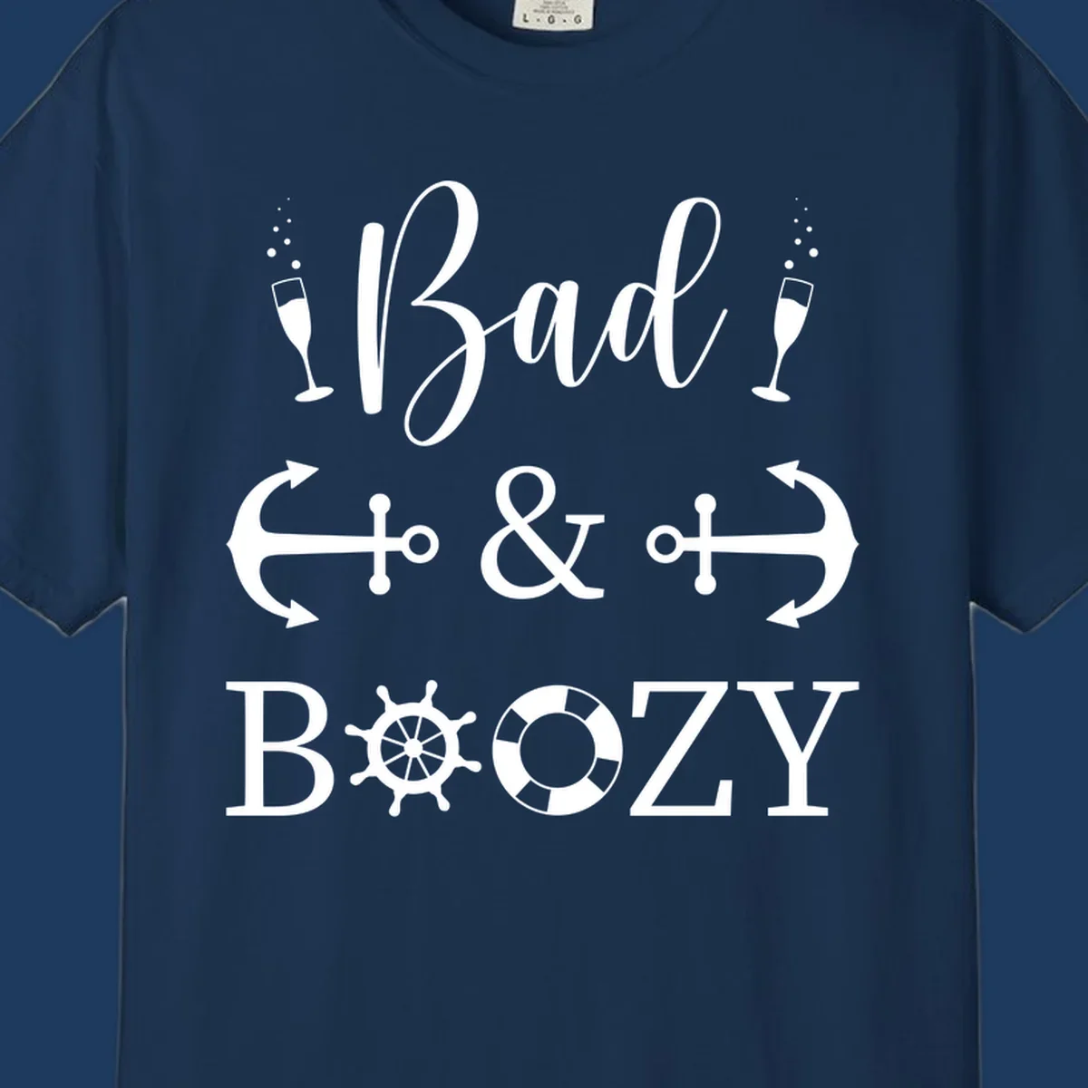 Bad and bozy nautical cruise design with champagne glasses, anchors, ship wheel, and life preserver icons on gray background
