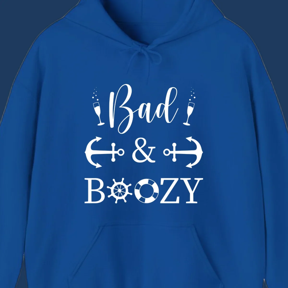 Bad and bozy nautical cruise design with champagne glasses, anchors, ship wheel, and life preserver icons on gray background