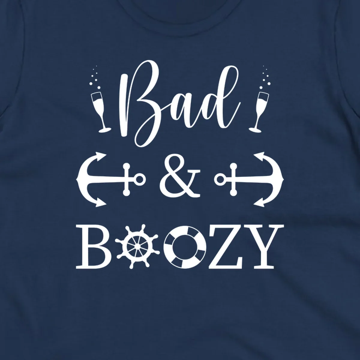 Bad and bozy nautical cruise design with champagne glasses, anchors, ship wheel, and life preserver icons on gray background