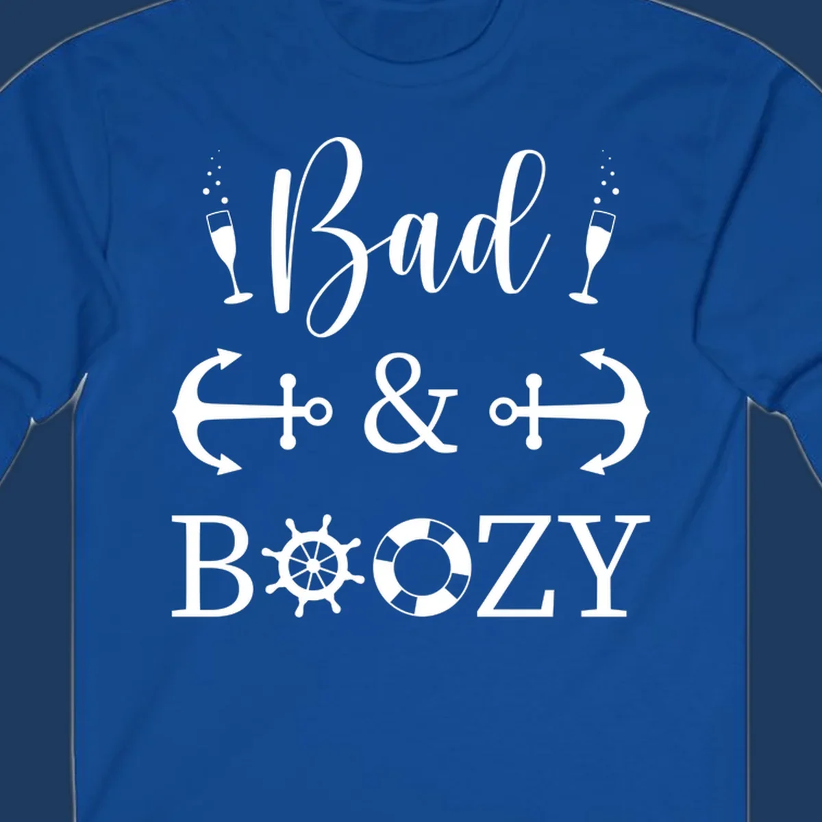 Bad and bozy nautical cruise design with champagne glasses, anchors, ship wheel, and life preserver icons on gray background