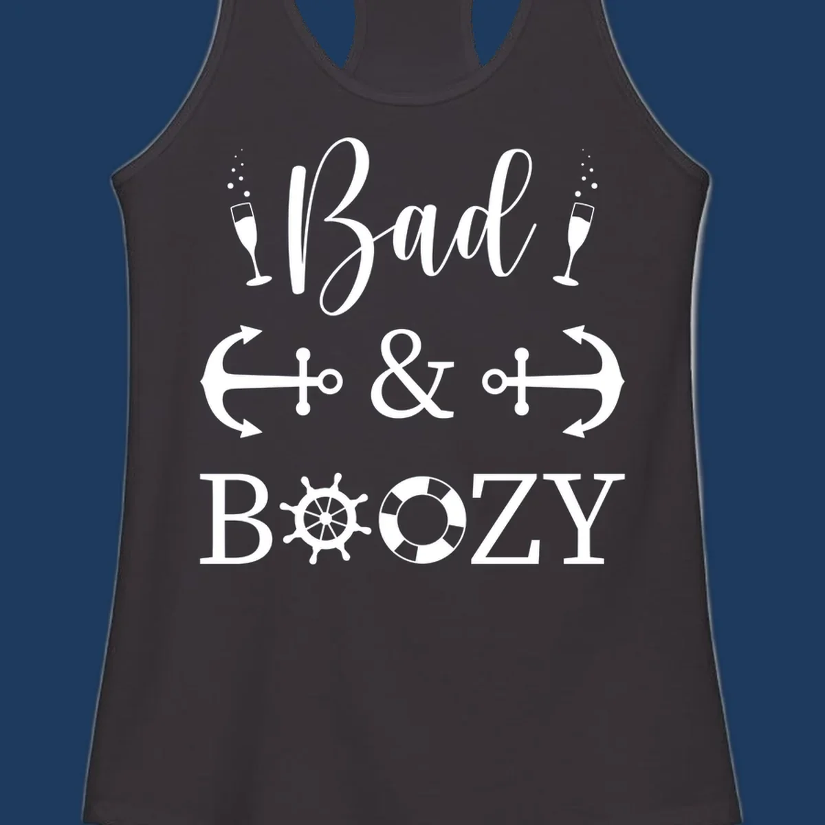 Bad and bozy nautical cruise design with champagne glasses, anchors, ship wheel, and life preserver icons on gray background