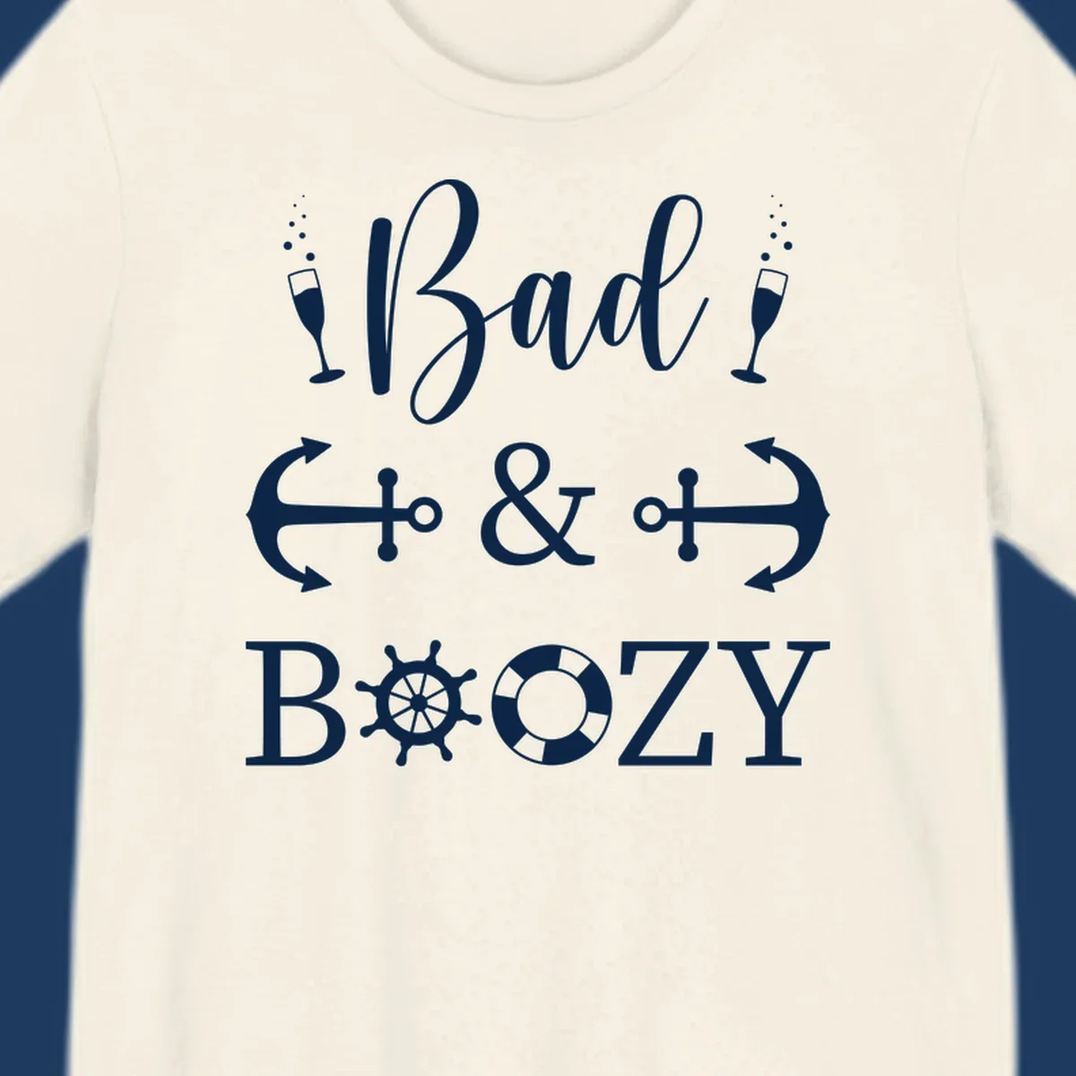 Bad and bozy nautical cruise design with champagne glasses, anchors, ship wheel, and life preserver icons on gray background
