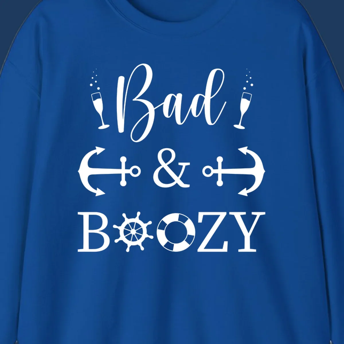 Bad and bozy nautical cruise design with champagne glasses, anchors, ship wheel, and life preserver icons on gray background