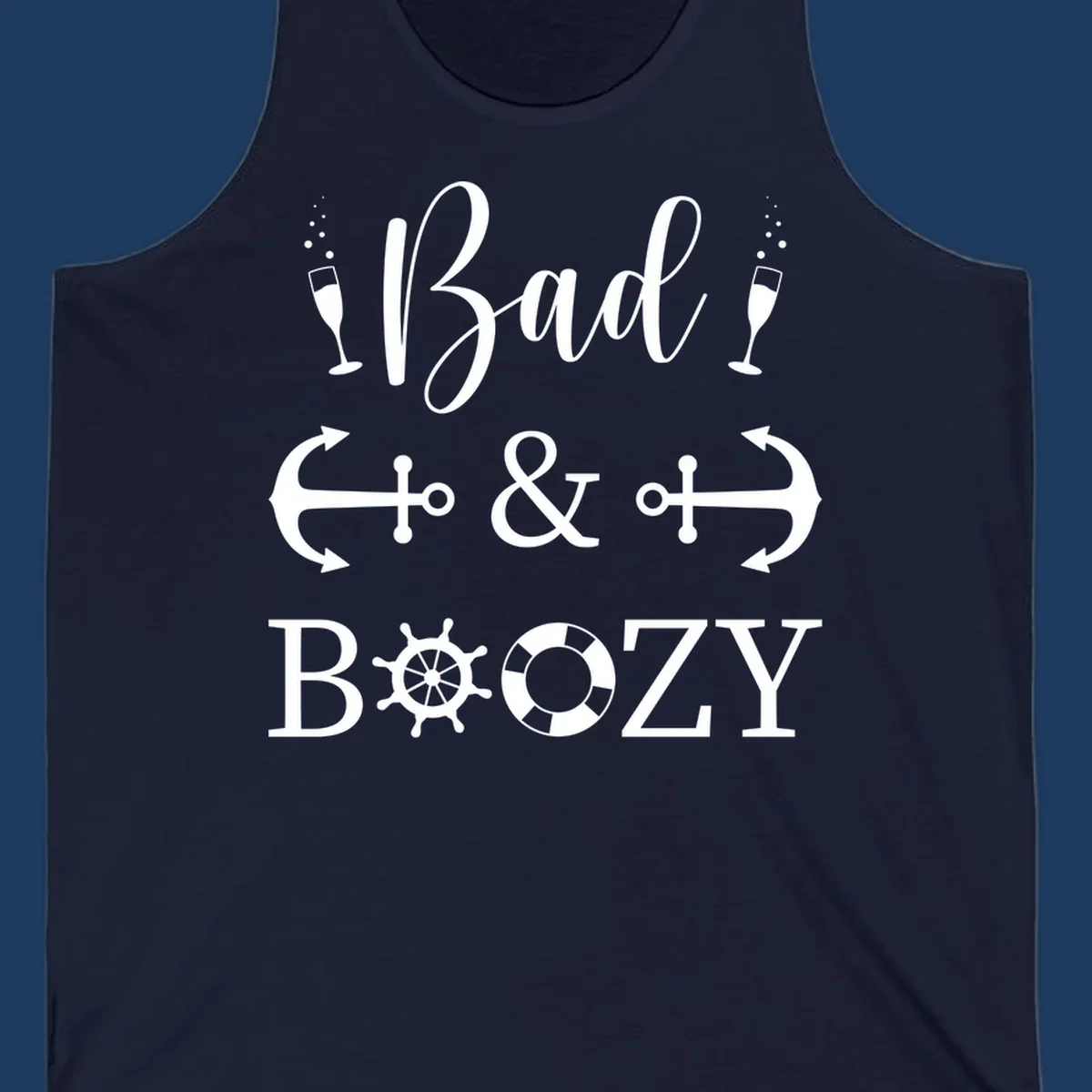 Bad and bozy nautical cruise design with champagne glasses, anchors, ship wheel, and life preserver icons on gray background