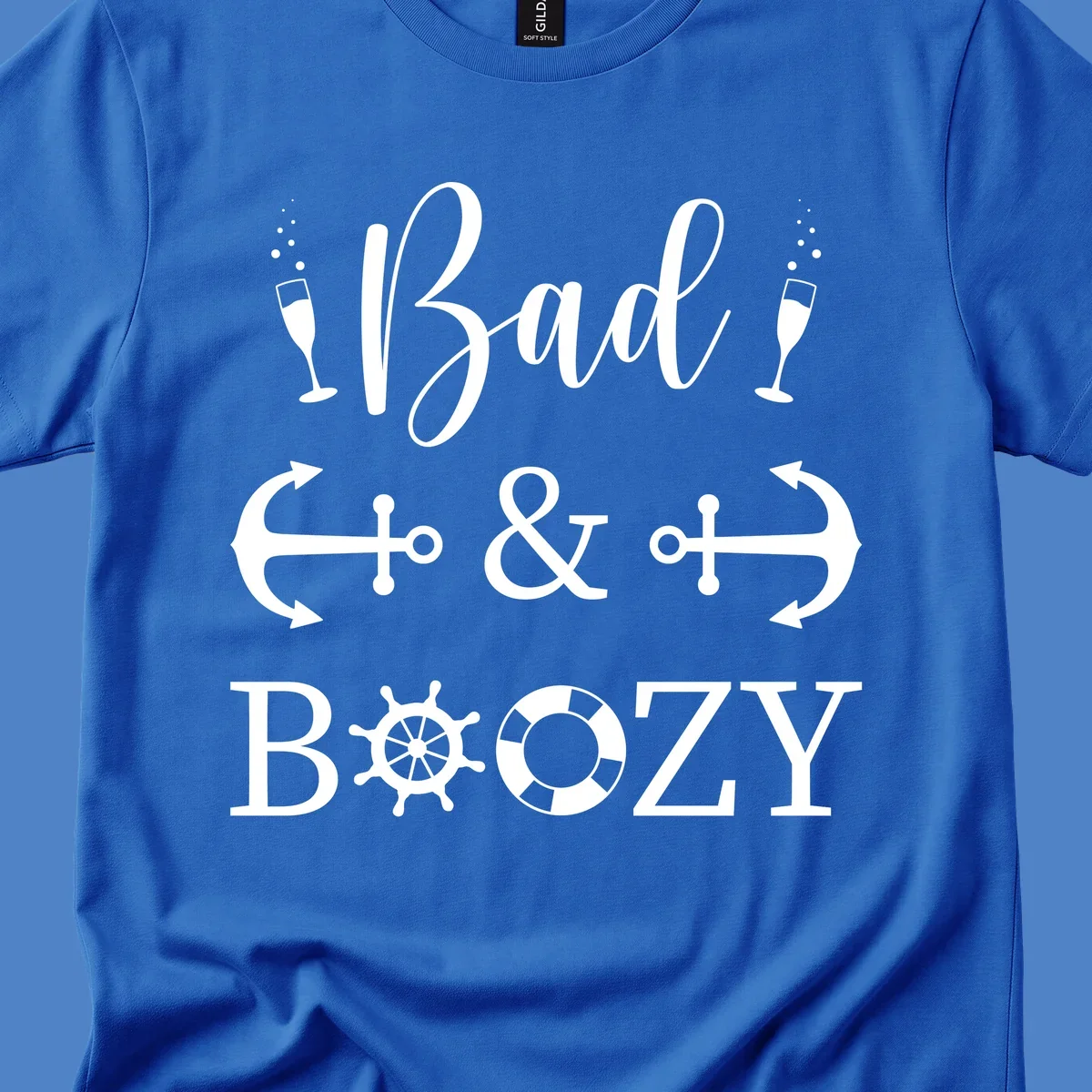 Bad and bozy nautical cruise design with champagne glasses, anchors, ship wheel, and life preserver icons on gray background