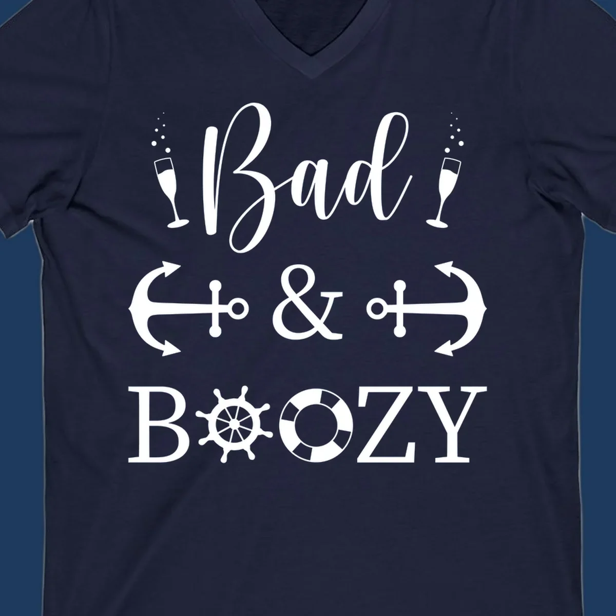 Bad and bozy nautical cruise design with champagne glasses, anchors, ship wheel, and life preserver icons on gray background