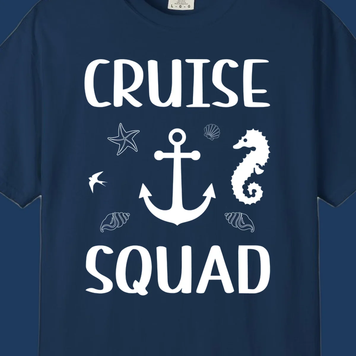 Cruise squad anchor design with starfish, seashells, and seahorse on gray background