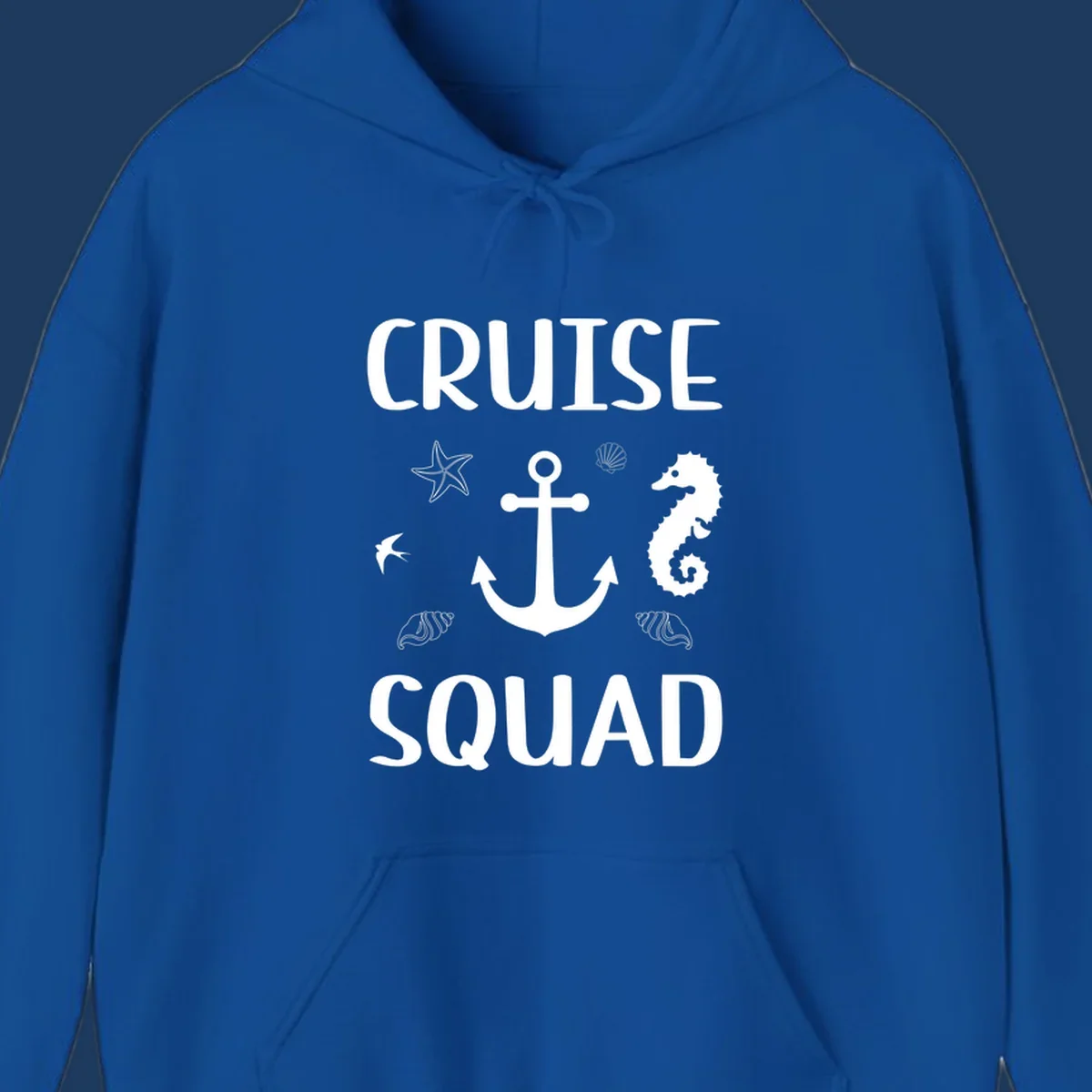 Cruise squad anchor design with starfish, seashells, and seahorse on gray background
