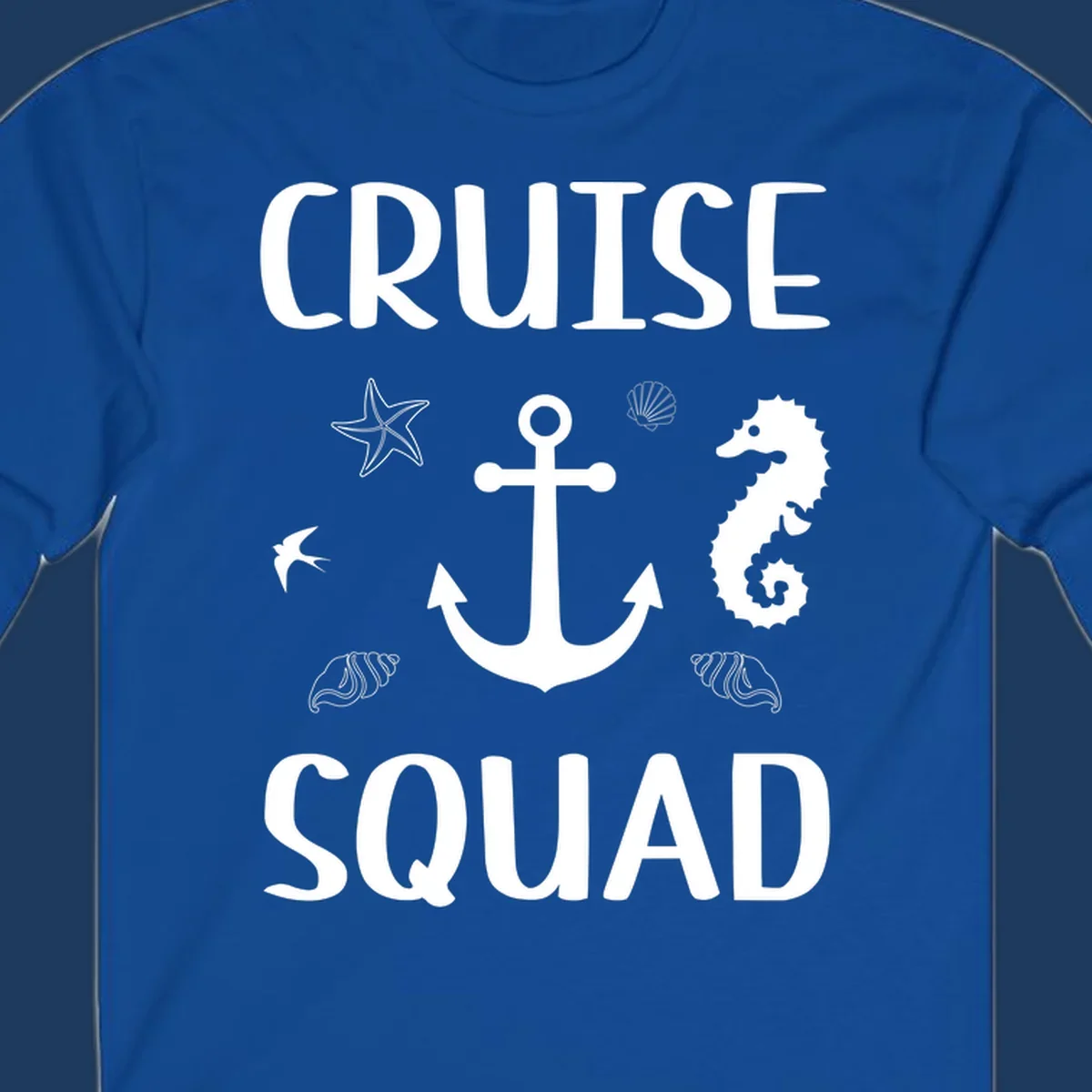 Cruise squad anchor design with starfish, seashells, and seahorse on gray background