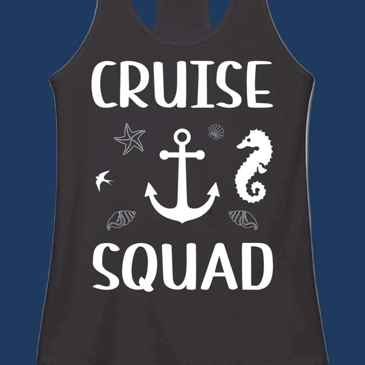 Cruise squad anchor design with starfish, seashells, and seahorse on gray background
