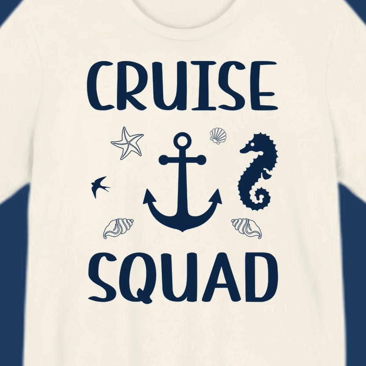 Cruise squad anchor design with starfish, seashells, and seahorse on gray background