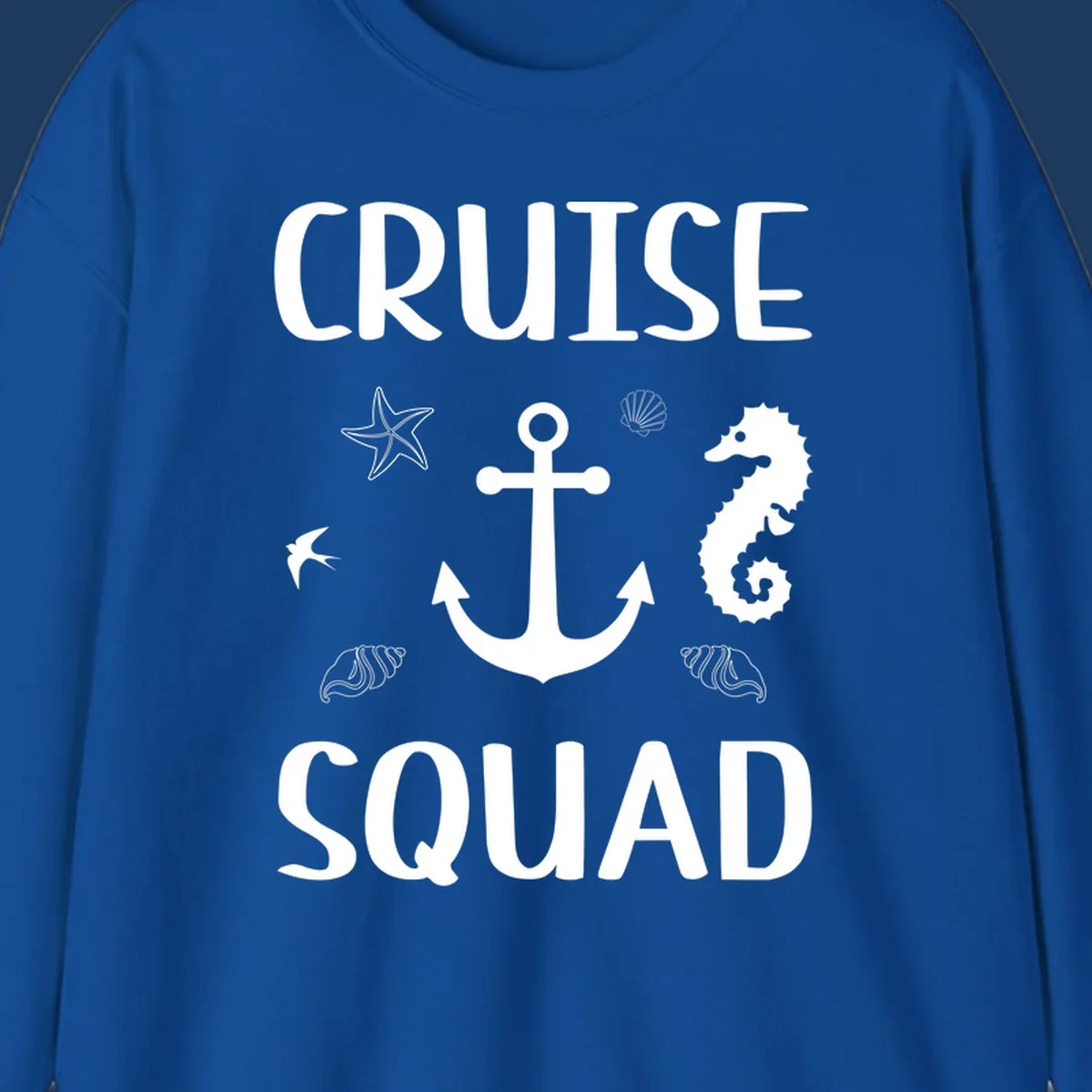 Cruise squad anchor design with starfish, seashells, and seahorse on gray background