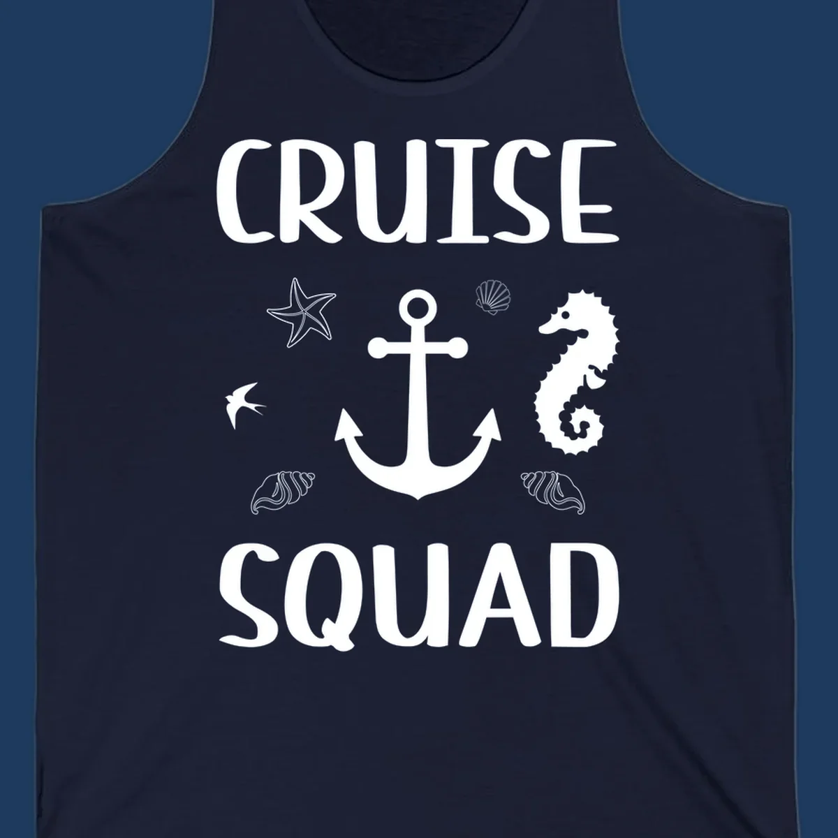 Cruise squad anchor design with starfish, seashells, and seahorse on gray background