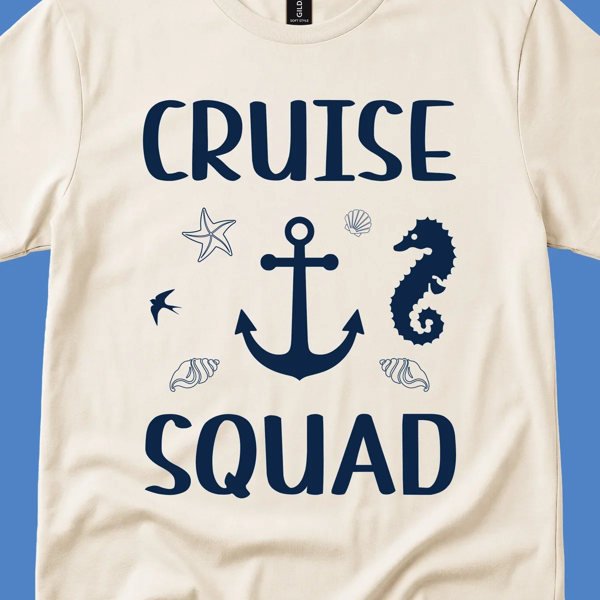 Cruise squad anchor design with starfish, seashells, and seahorse on gray background