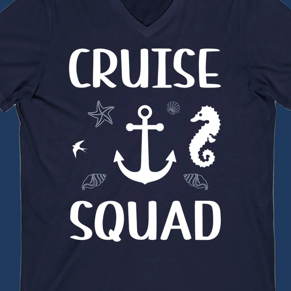 Cruise squad anchor design with starfish, seashells, and seahorse on gray background