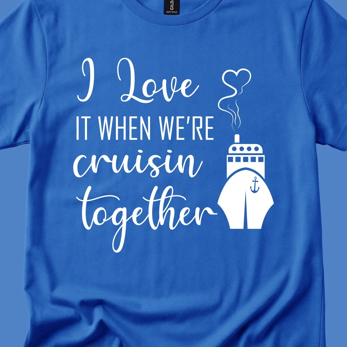 Cruise ship illustration with heart and anchor symbols, white text reading 'I Love it when we're cruisin together' on gray background