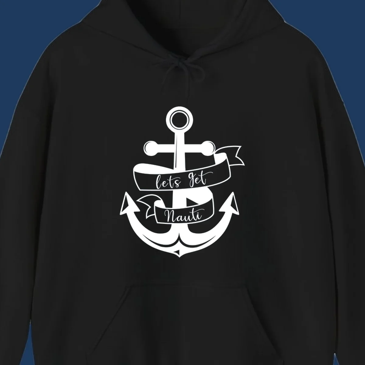 White vintage-style anchor with 'let's get nauti' banner ribbons on gray background