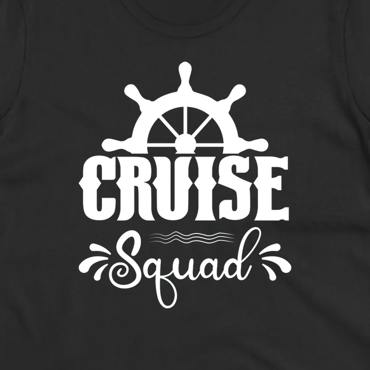 White nautical ship wheel with 'CRUISE SQUAD' text and ocean wave decorative elements on gray background