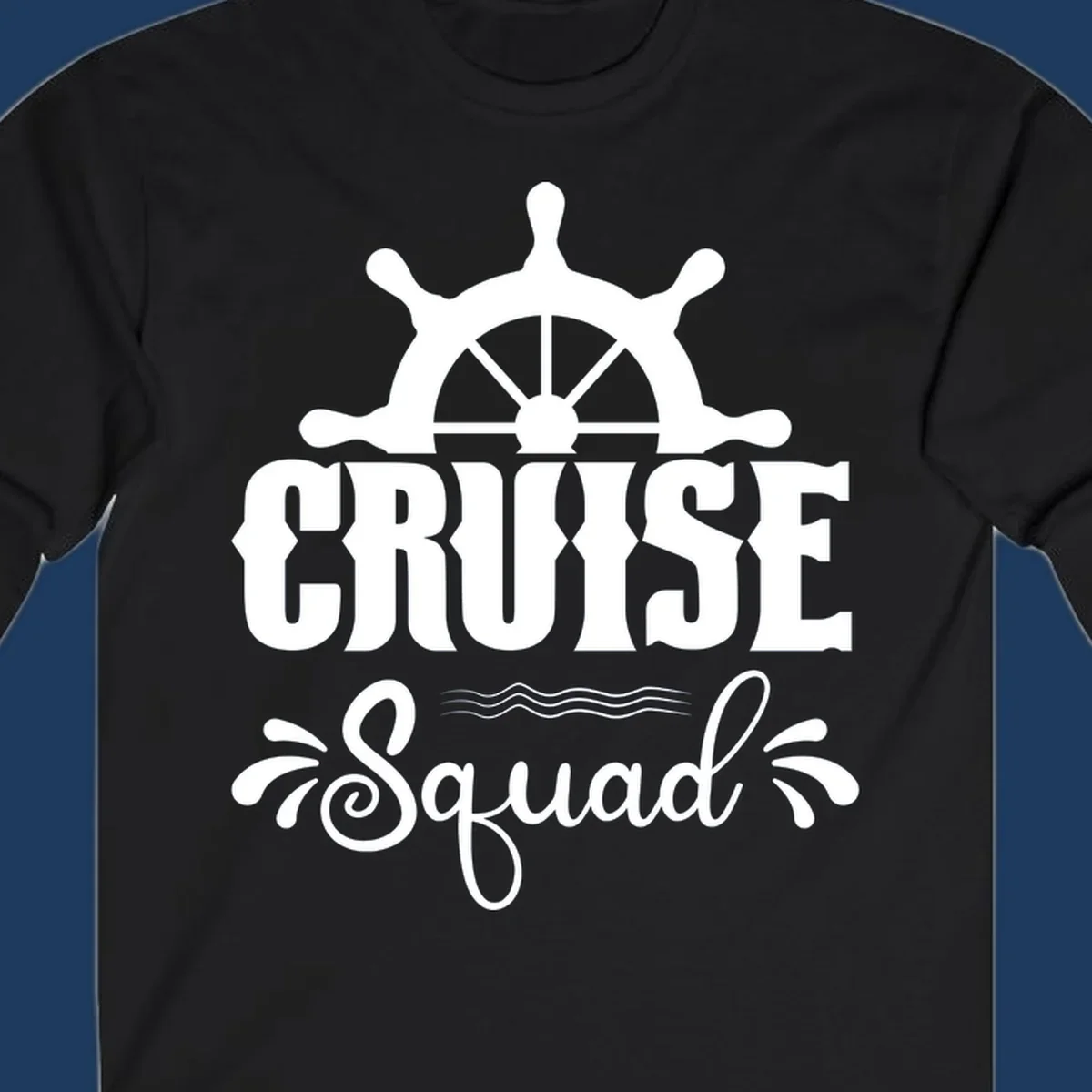 White nautical ship wheel with 'CRUISE SQUAD' text and ocean wave decorative elements on gray background