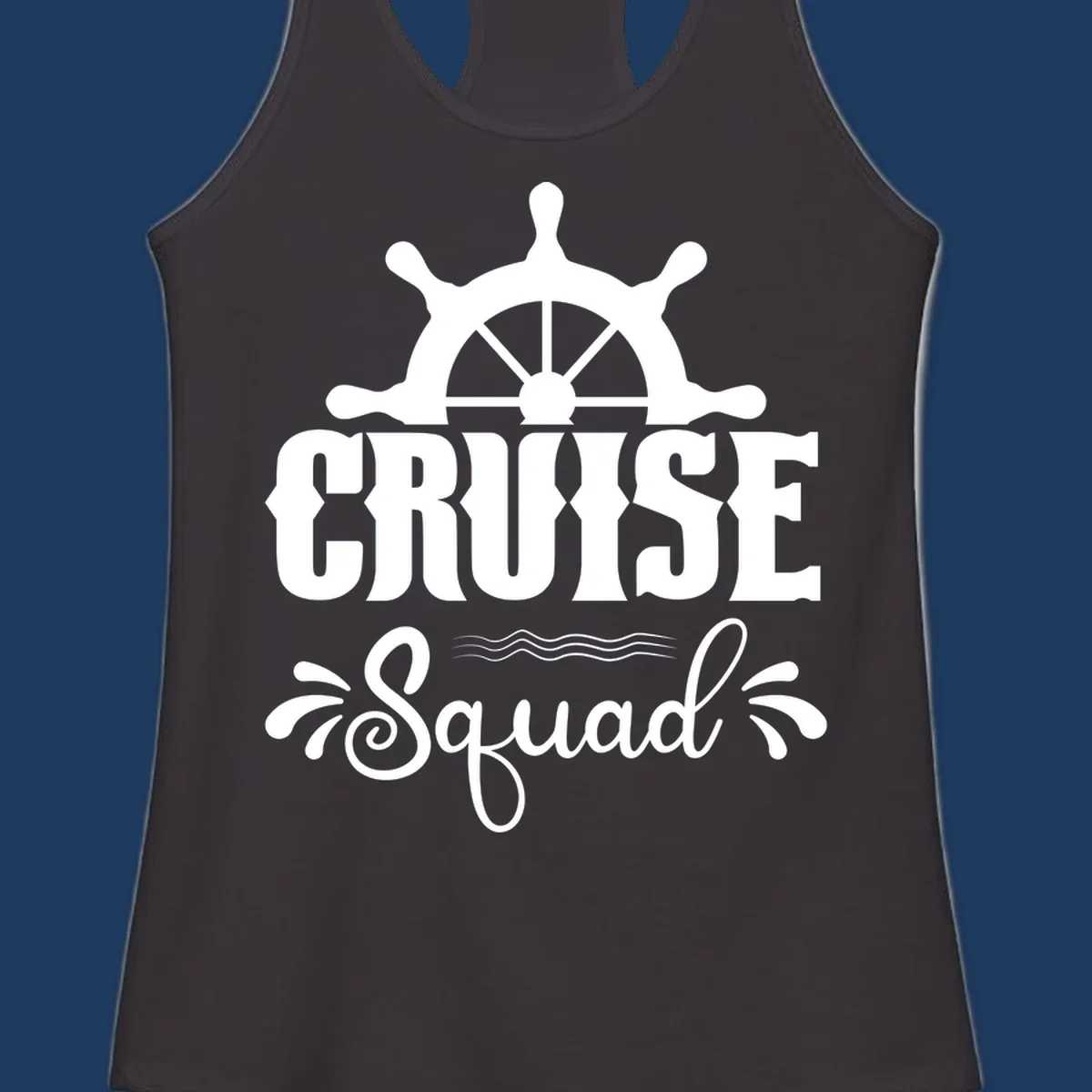 White nautical ship wheel with 'CRUISE SQUAD' text and ocean wave decorative elements on gray background