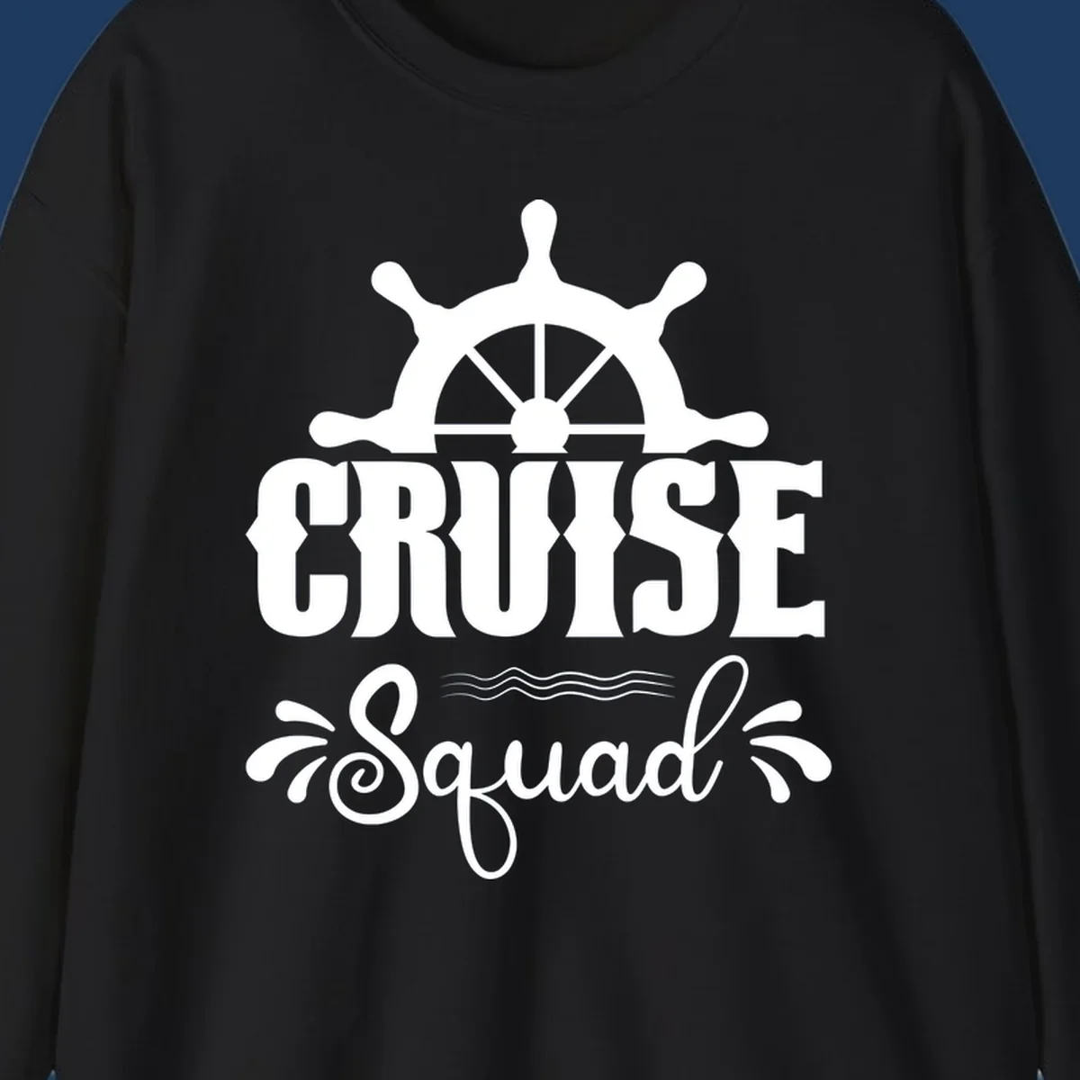 White nautical ship wheel with 'CRUISE SQUAD' text and ocean wave decorative elements on gray background