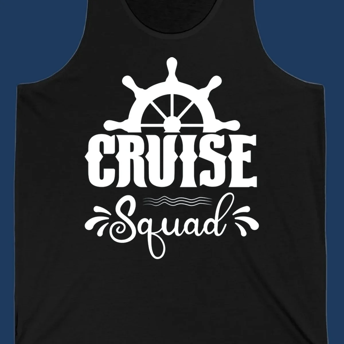 White nautical ship wheel with 'CRUISE SQUAD' text and ocean wave decorative elements on gray background