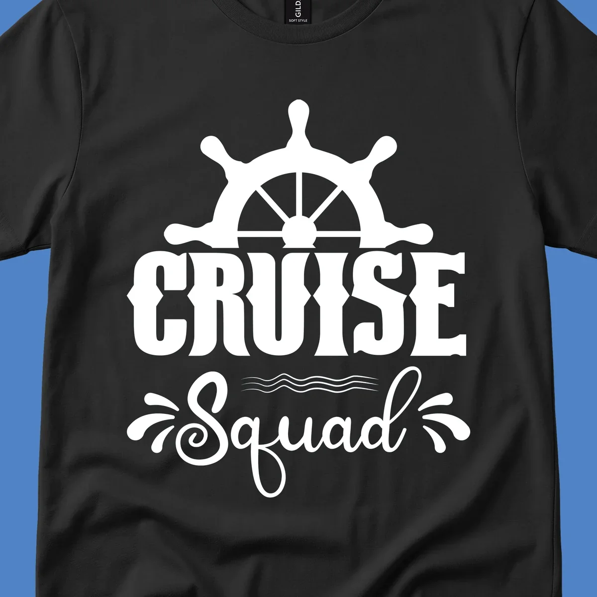 White nautical ship wheel with 'CRUISE SQUAD' text and ocean wave decorative elements on gray background